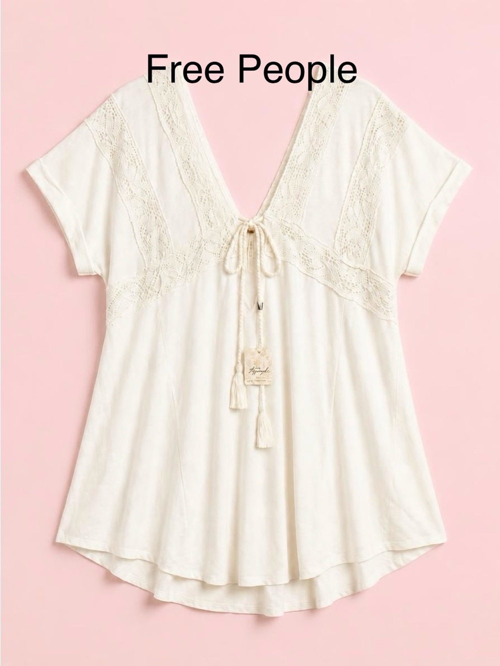 Free People White Crochet-Trim V-Neck Tunic